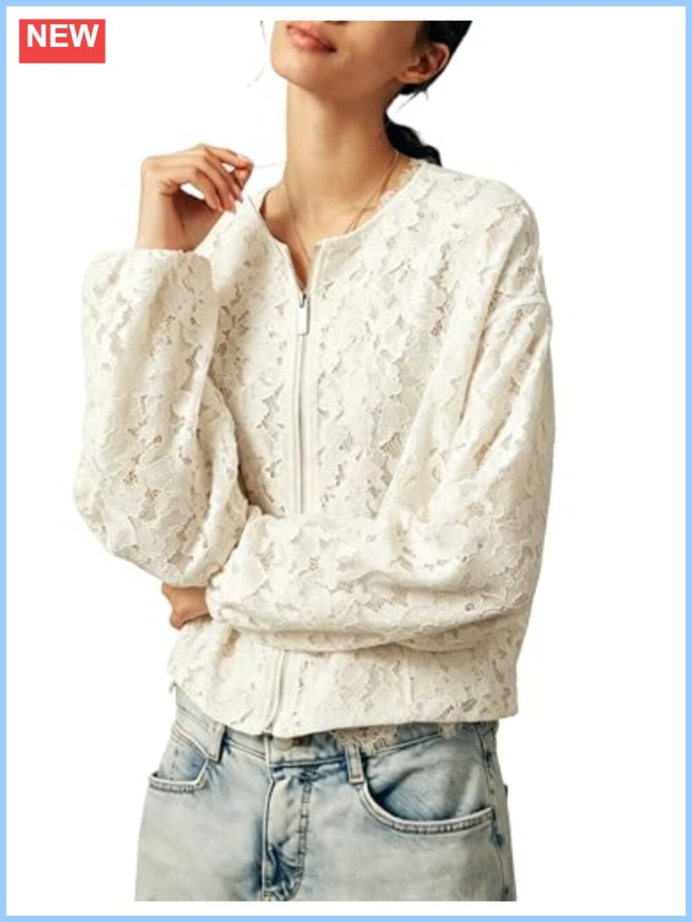 Lace Crop Jacket Long Sleeve Zip Floral Bomber for Women